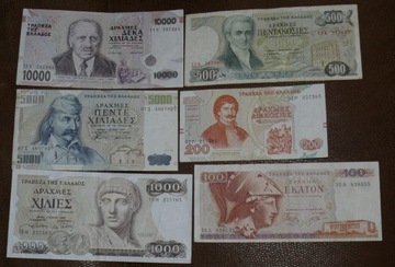 Grecja 100, 200, 500, 1000, 5000, 10000 drachmy 