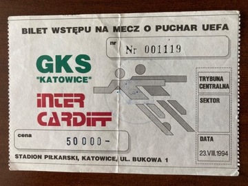 GKS Katowice Inter Cardiff 1994 Puchar UEFA bilet 
