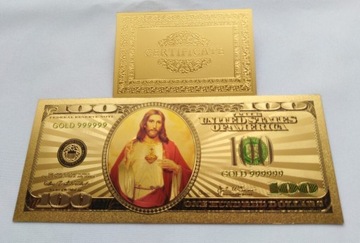 Banknot pozłacany 24k + kolor  JEZUS - 100 $ USA  