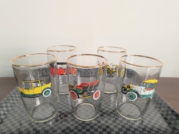 Zestaw 5 szklanek Vintage samochody złocony ring