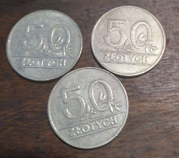 3 monety 50 złotowe z korona z roku 1990 