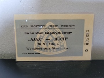 Ruch Chorzów Ajax Amsterdam bilet Puchar Miast Targowych Europy 1969 r