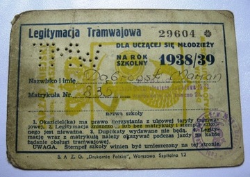 LEGITYMACJA TRAMWAJOWA 1938/39r. WARSZAWA