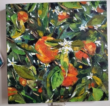 Ogród pomarańczowy obraz olejny 30x30 cm