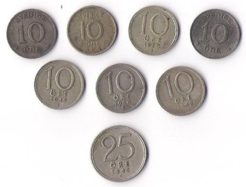 10 i 25 ore Szwecja - 8 monet - srebro 