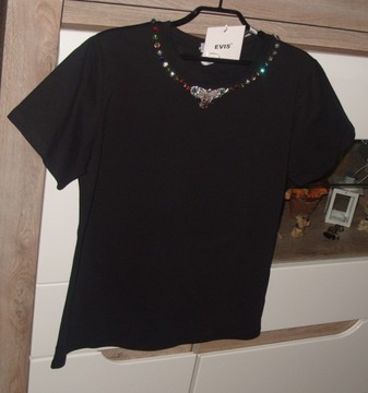 NOWY _ czarny t-shirt Evis _biżuteryjna mucha kryształki cyrkonie r. S/M/L