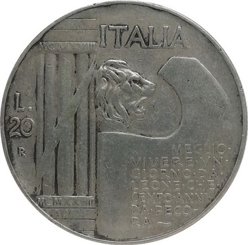 Włochy 20 lire 1928, Ag KM#70