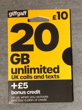 Karta SIM GiffGaff 15 Funtów i 20 GB internetu