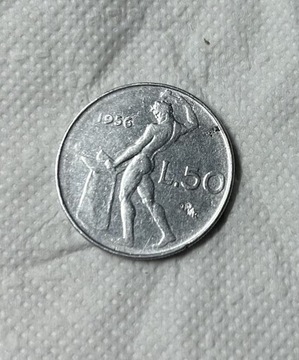 MONETA, WŁOCHY, 50 LIRE, 1956