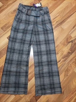 Spodnie szerokie krata  materialowe damskie XS 36
