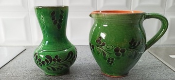 Wazon i dzbanek zielony komplet ceramika zdobione