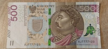 Banknot 500 zł kolekcjonerski o numerze AJ7777123