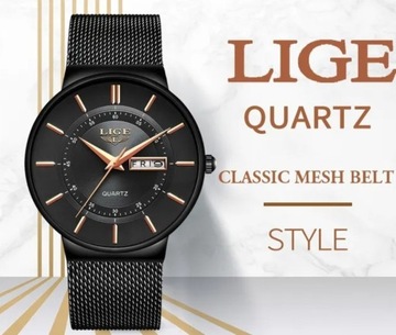 LIGE Elegancki luksusowy zegarek czarny