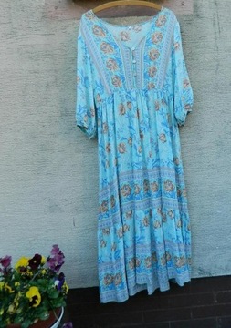 Długa niebieska sukienka w stylu folk 40/42