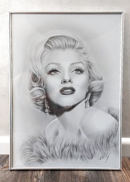 Szary obraz do salonu,srebrna ramka,Marilyn Monroe