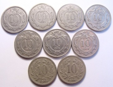 Austria komplet 10 heller 1893-1916r. 9 monet
