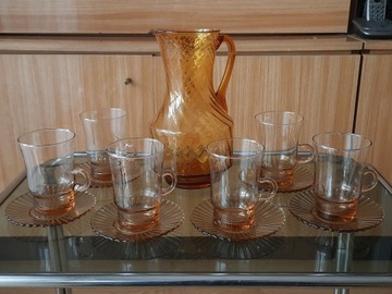 Karafka szklana brązowa + 12 szklanek vintage PRL