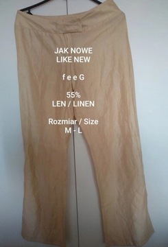 feeG Eleganckie damskie letnie spodnie lniane, 55% Len, Roz. M-L, Pas 72 cm
