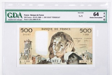 FRANCJA 500 Francs 1988 GDA Choice UNC 64 EPQ