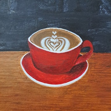 Obraz ręcznie malowany kawa w czerwonym kubku