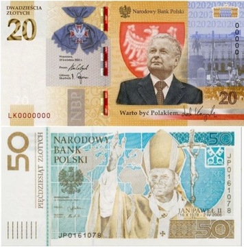 20 zł Lech Kaczyński + 50 zł Jan Paweł II