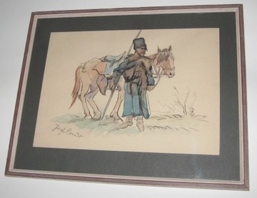 Józef Brandt stara akwarela żołnierz koń
