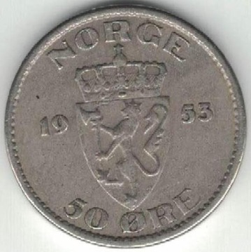 Norwegia 50 ore 1953 22 mm nr 2