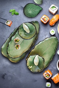 Ceramiczny zestaw do sushi zielony liść rękodzieło prezent 