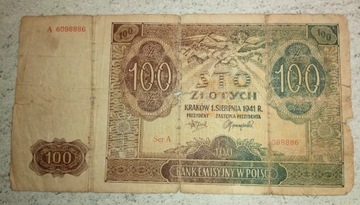 100 zł  1941 seria  A, Nr. 6098886