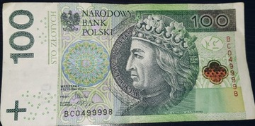 Banknot 100zl ciekawy numer seryjny 
