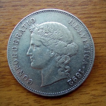 5 franków 1892 Szwajcaria srebrna moneta