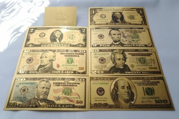 Banknoty pozłacane 24k + kolor 7 szt komplet USA