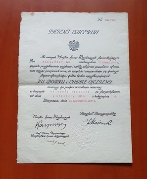 Patent Oficerski Nr 1113/1937 - podpis Mościckiego