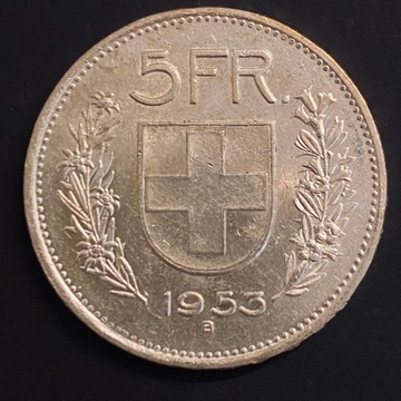 Szwajcaria, 5 franków, rok 1953, Ag 0,835