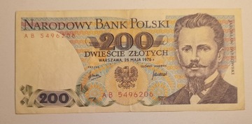 Banknot 200 złotych 1976 r. seria AB bardzo rzadki 