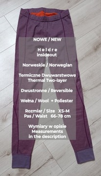 HELDRE  Norweskie dwustronne legginsy termiczne z wełny, XS-M, Pas 66-78 cm