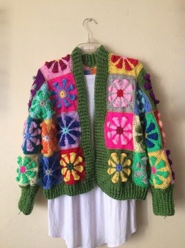 Kardigan, sweter handmade kwiaty 3D kwadraty babci