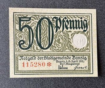 50 fenigów 1919 Gdańsk stan UNC