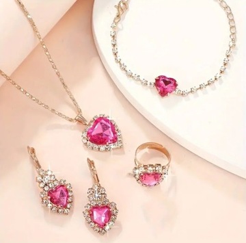Złoty Komplet biżuterii różowe serce naszyjnik kolczyki bransoletka 