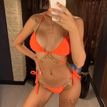 Bikini strój kąpielowy neon pomarańczowy złote S