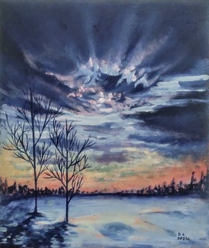 Obraz akrylowy. Pejzaż zimowy zachód słońca