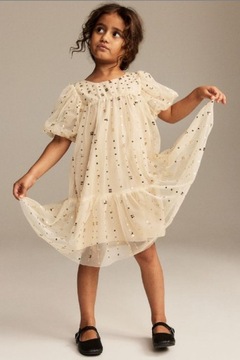 H&M nowa jasnobeżowa tiulowa sukienka z cekinami 116
