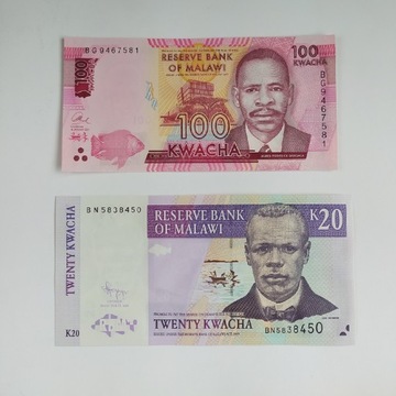 Zestaw banknotów 20 i 100 Kwacha , Malawi, UNC 