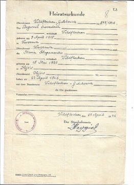 Akt małżeństwa zawarty w 1946r w Niemczech