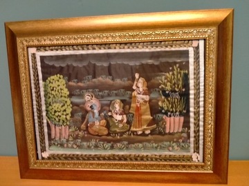 Obraz malowany na jedwabiu z Indii w ramce
