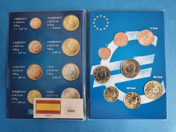 HISZPANIA 2000 Zestaw 8 monet euro .Stan idealny
