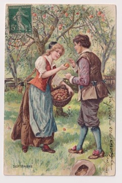 Para w Sadzie  Jabłka 1903r.LITOGRAFIA Tłoczona   