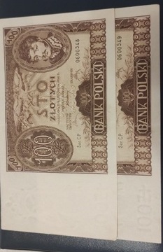 Dwa banknoty 100 zł z 1934 r kolejne numery 