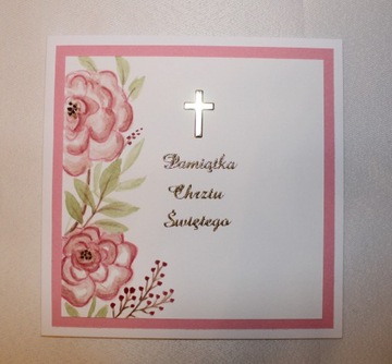 Kartka Chrzest Święty dziewczynki różowa kwiaty