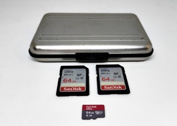 3x Karty Sandisk 64GB (2x SD i 1x microSD) + etui
